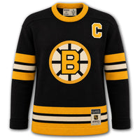Milt Schmidt autographed Boston Bruins CCM wool jersey front with black vintage styling, captain C, and Bruins crest