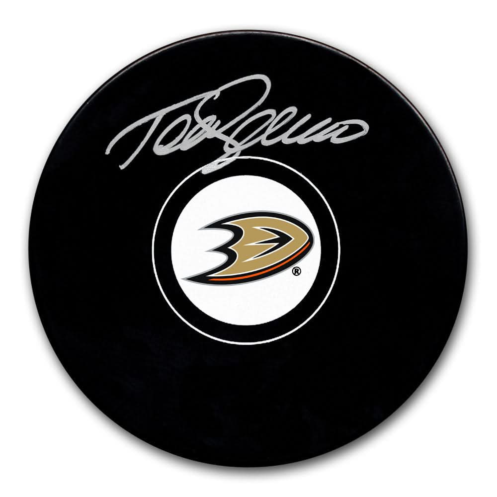Official Anaheim Ducks hockey puck personally autographed by Teemu Selanne, shown with Certificate of Authenticity included.