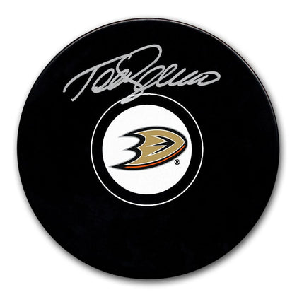 Official Anaheim Ducks hockey puck personally autographed by Teemu Selanne, shown with Certificate of Authenticity included.