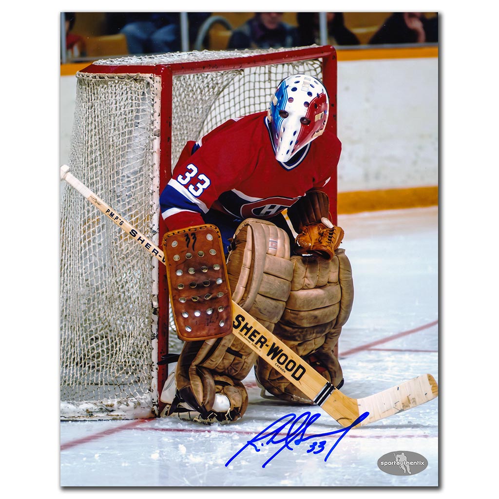 Richard Sevigny autographed Montreal Canadiens 8x10 hockey photo in red jersey guarding the crease beside the net