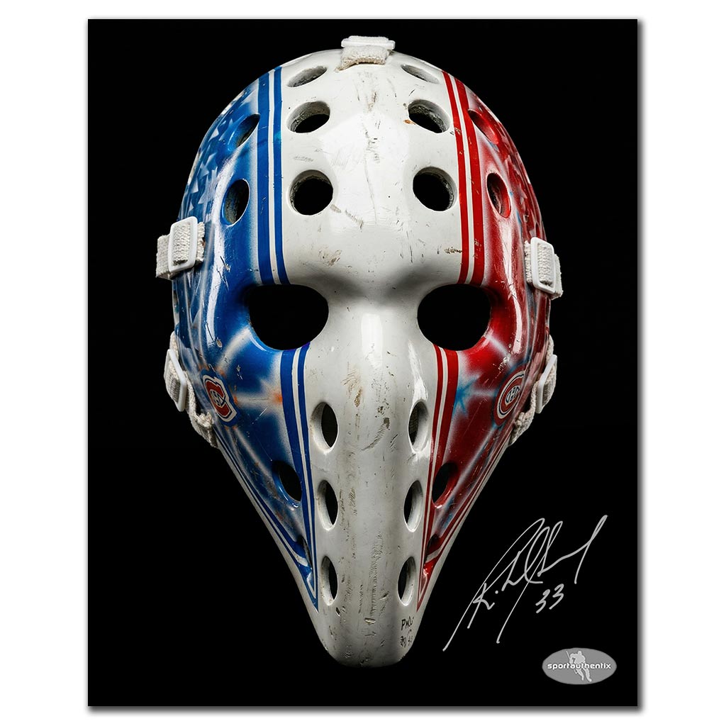 Richard Sevigny autographed Montreal Canadiens 8x10 hockey photo featuring his goalie mask on black background