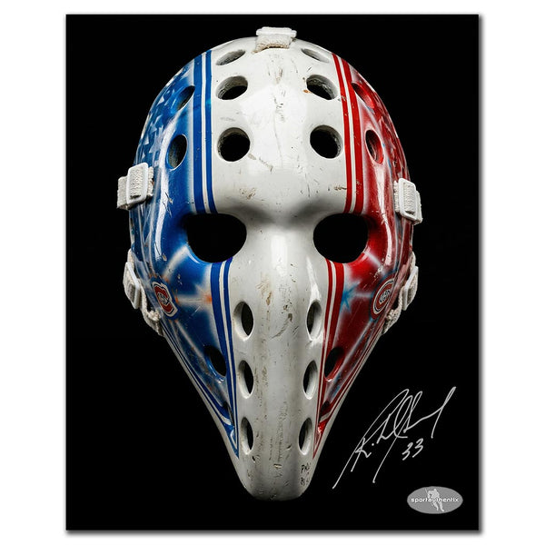 Richard Sevigny autographed Montreal Canadiens 8x10 hockey photo featuring his goalie mask on black background