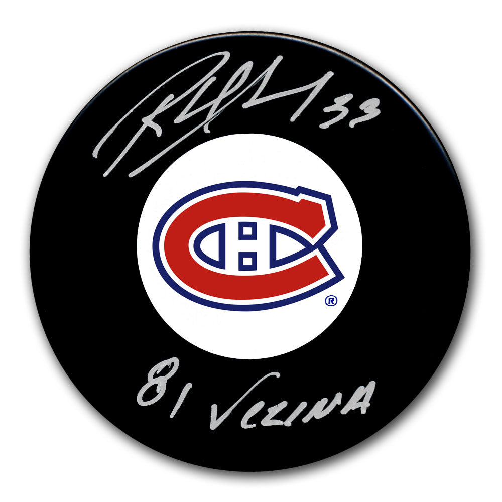 Richard Sevigny autographed Montreal Canadiens hockey puck with 81 Vezina inscription