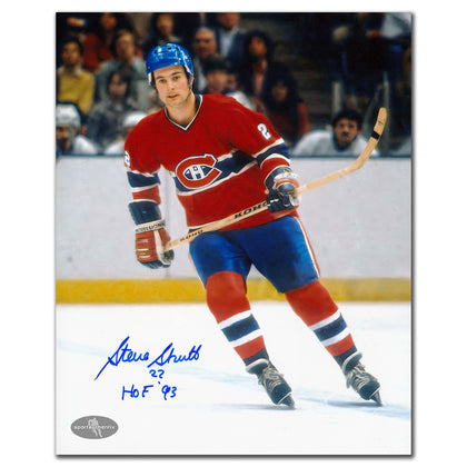 Steve Shutt Montreal Canadiens HOF signed 8x10 photo shows him in red on ice, with autograph clearly visible on the photograph.