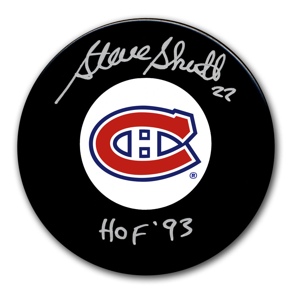 Steve Shutt autographed Montreal Canadiens hockey puck with HOF 93 inscription