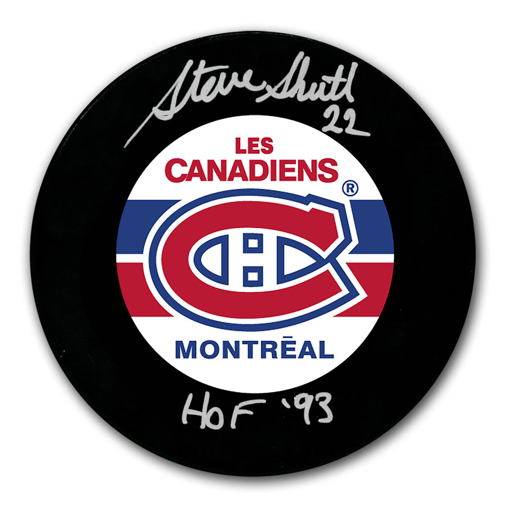 Steve Shutt autographed Montreal Canadiens Les Canadiens hockey puck with HOF 93 inscription