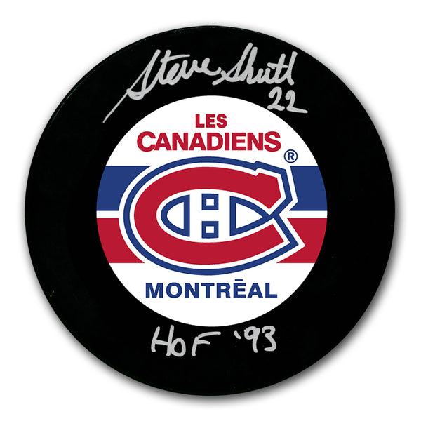 Steve Shutt autographed Montreal Canadiens Les Canadiens hockey puck with HOF 93 inscription