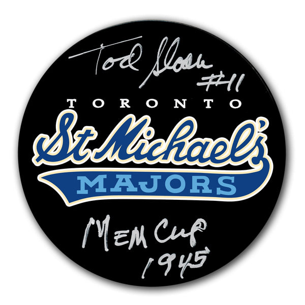 Authentic Tod Sloan Toronto St. Michaels Majors 1945 Memorial Cup Autographed Puck - SportAuthentix