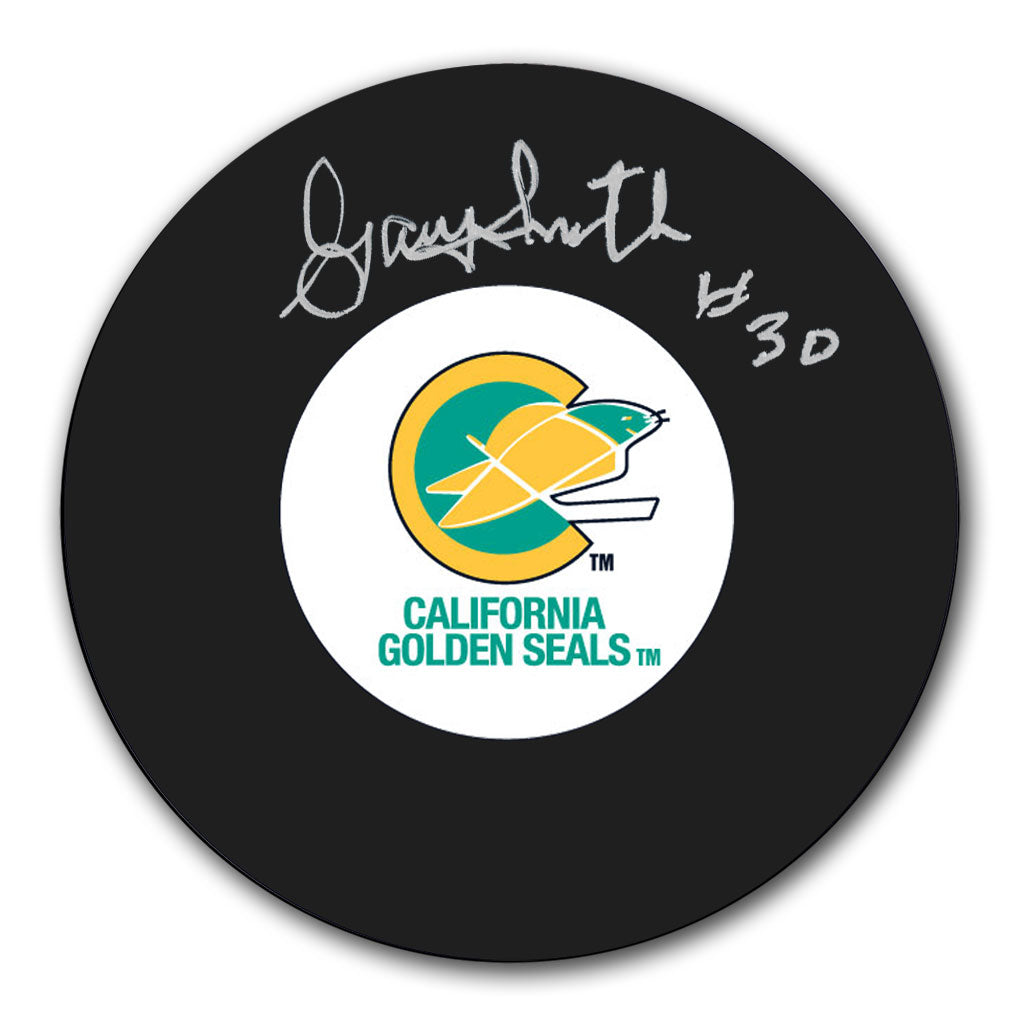 Gary Smith autographed California Golden Seals hockey puck with vintage team logo, silver signature and number 30