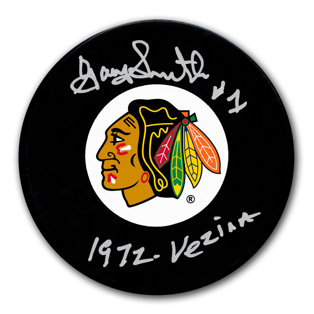 Gary Smith autographed Chicago Blackhawks hockey puck with 1972 Vezina inscription