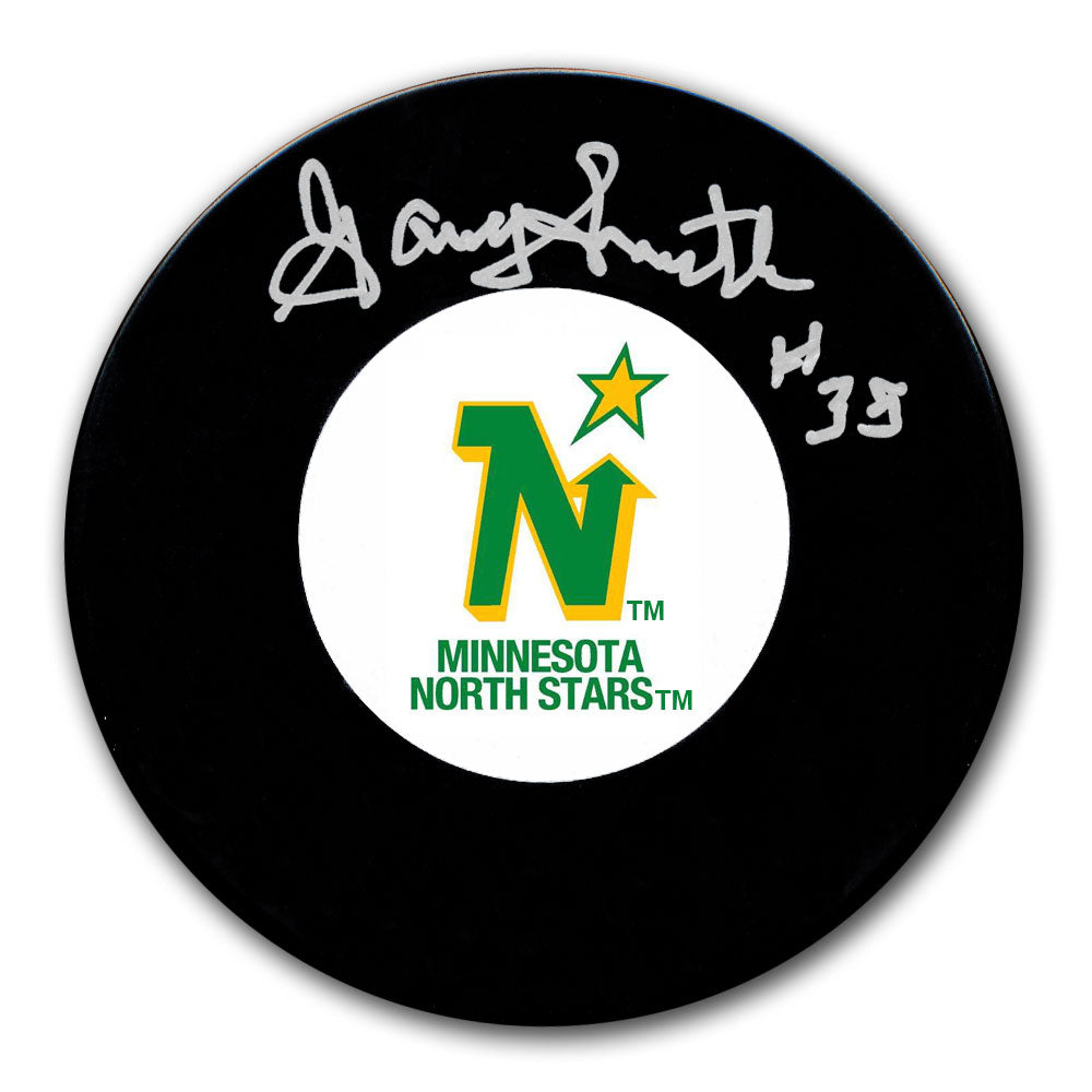 Gary Smith autographed Minnesota North Stars hockey puck with silver signature and number 35