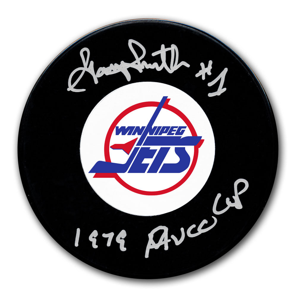 Gary Smith autographed Winnipeg Jets hockey puck with 1979 Avco Cup inscription