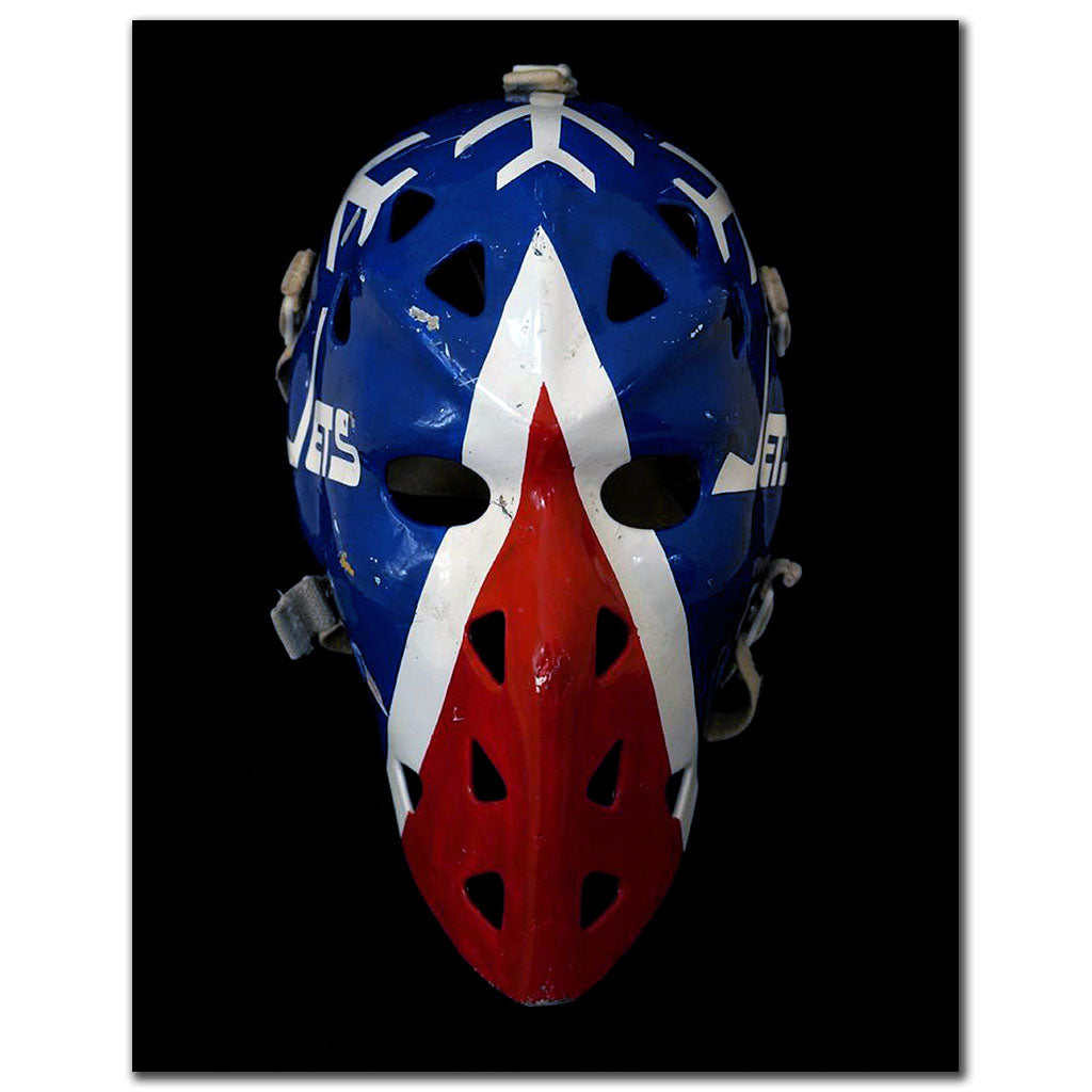 Gary Smith Autographed 8x10 photo with signature visible, featuring his goalie mask, Winnipeg Jets colors, on black background.