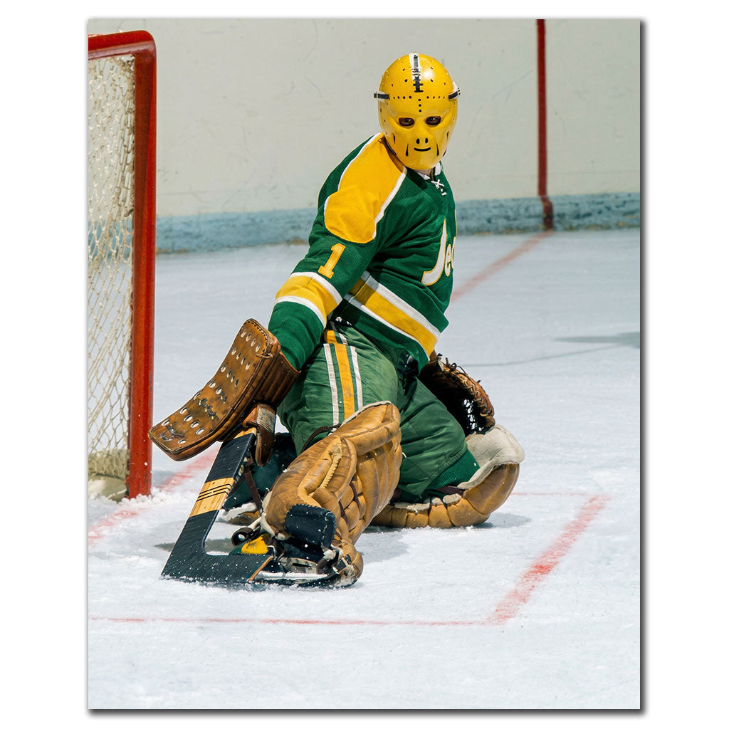 Gary Smith signed 16x20 photo, featuring the goalie in green & yellow gear blocking a goal—a classic CA Golden Seals collectible.