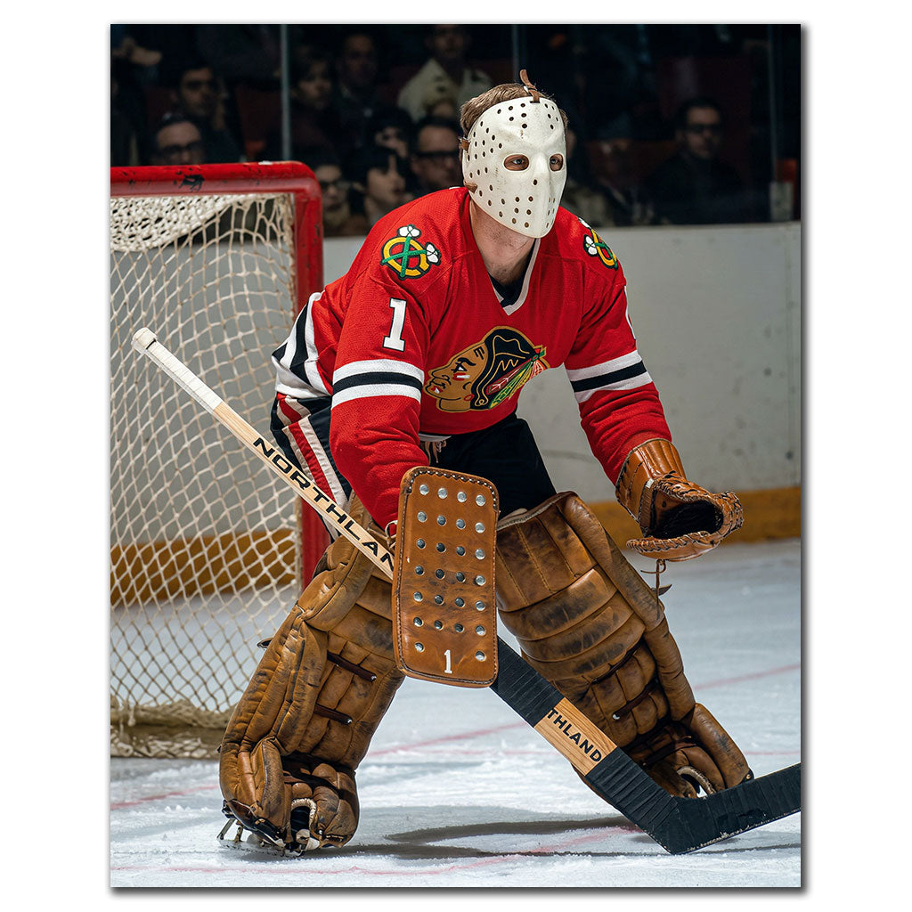 Autographed 16x20 photo of Gary Smith in vintage gear guarding the net, featuring a visible signature for Chicago Blackhawks fans.