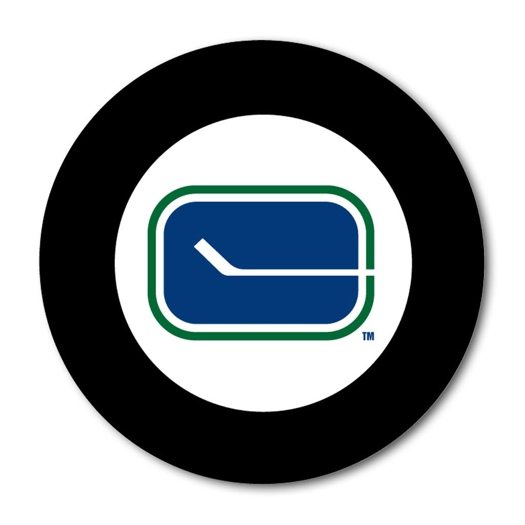 Autographed Vancouver Canucks puck featuring a blue hockey stick logo with green outline, signed by Gary Smith.