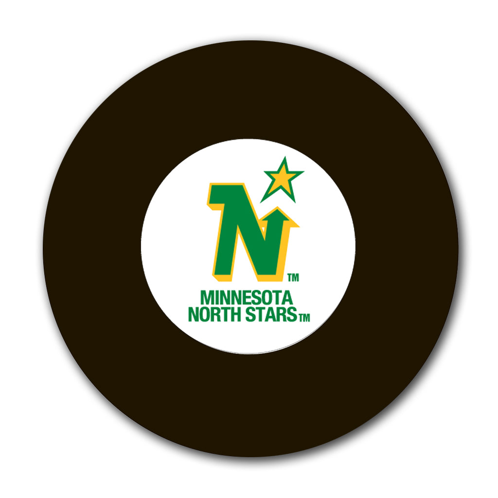 Gary Smith autographed Minnesota North Stars hockey puck, pre-order edition, featuring the green and yellow N-star team logo.