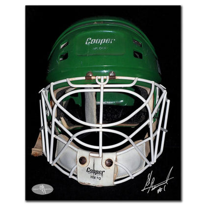Autographed 8x10 photo of Ed Staniowski in a Hartford Whalers mask, sports memorabilia displayed on a black background.