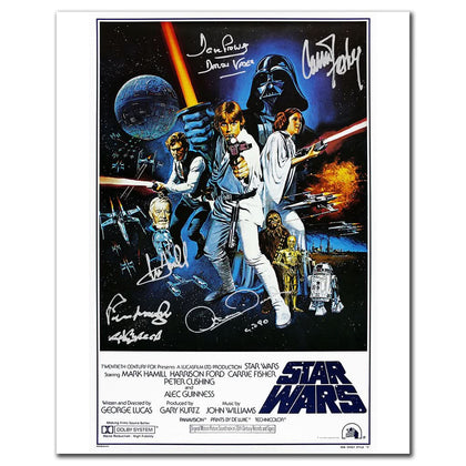 Signed 16x20 Star Wars: A New Hope photo, autographed by Hamill, Fisher, Prowse, Daniels & Mayhew with visible JSA COA.