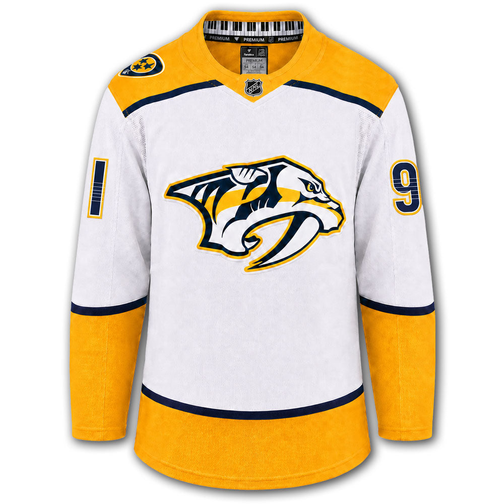 Steven Stamkos autographed Nashville Predators Fanatics Premium jersey front with white road styling, gold shoulders, Predators crest and number 91 sleeves