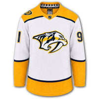 Steven Stamkos autographed Nashville Predators Fanatics Premium jersey front with white road styling, gold shoulders, Predators crest and number 91 sleeves