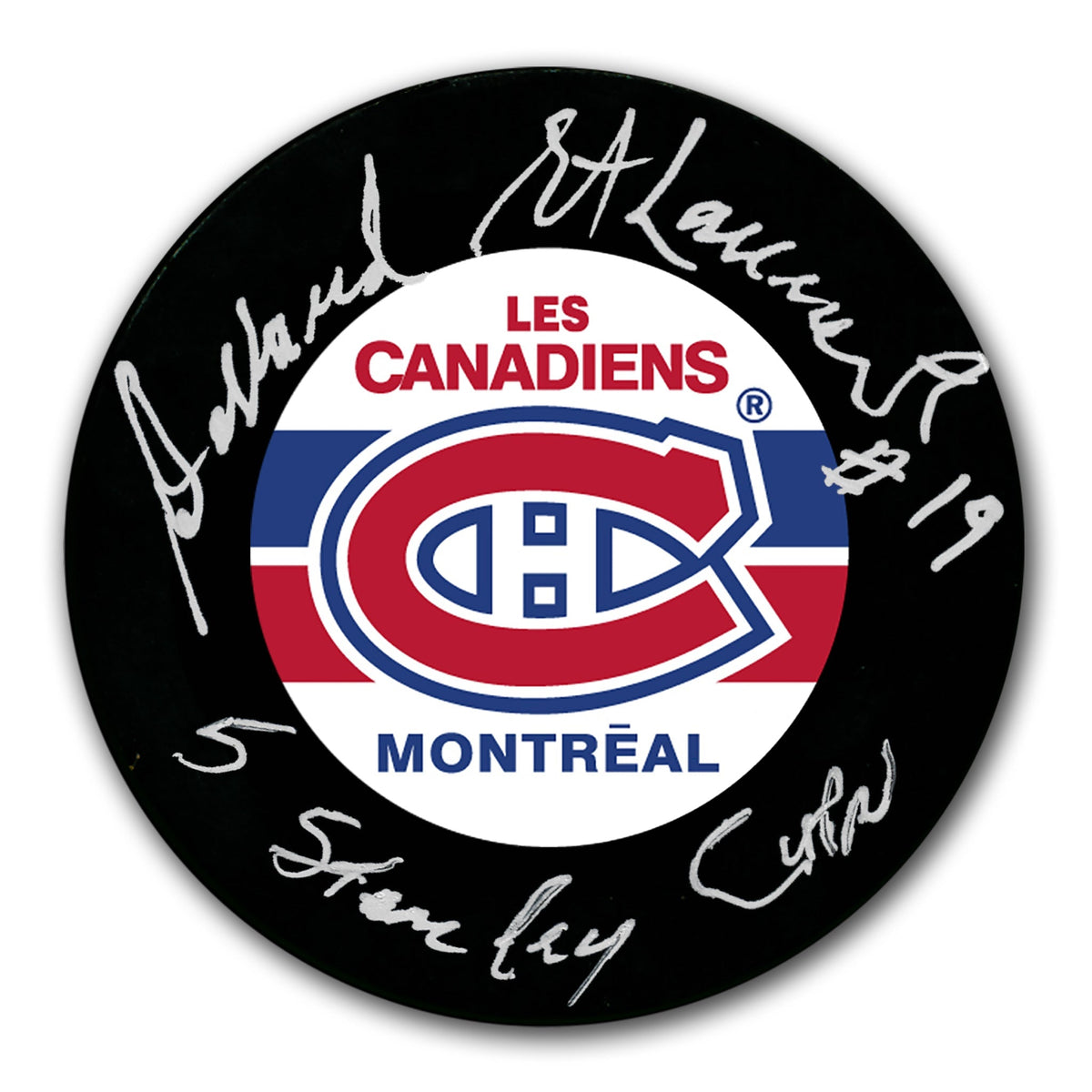 Authentic Dollard St. Laurent Montreal Canadiens 5 Stanley Cups Autographed Puck - SportAuthentix