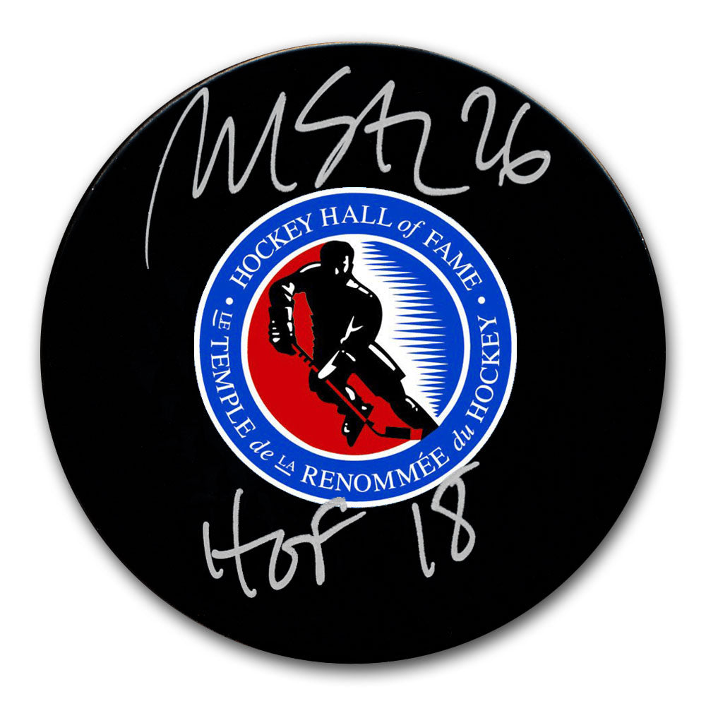 Martin St. Louis autographed Hockey Hall of Fame hockey puck with HOF 2018 inscription