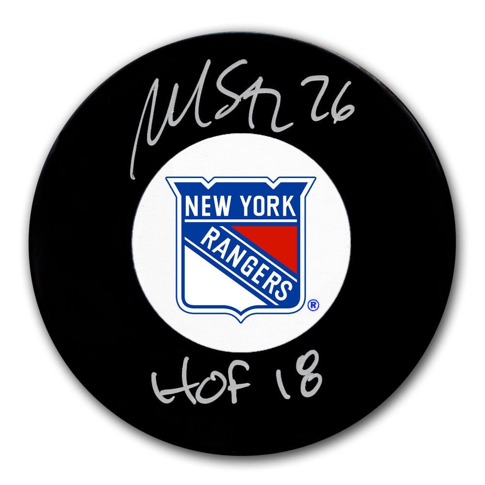 Martin St. Louis autographed New York Rangers hockey puck with HOF 2018 inscription
