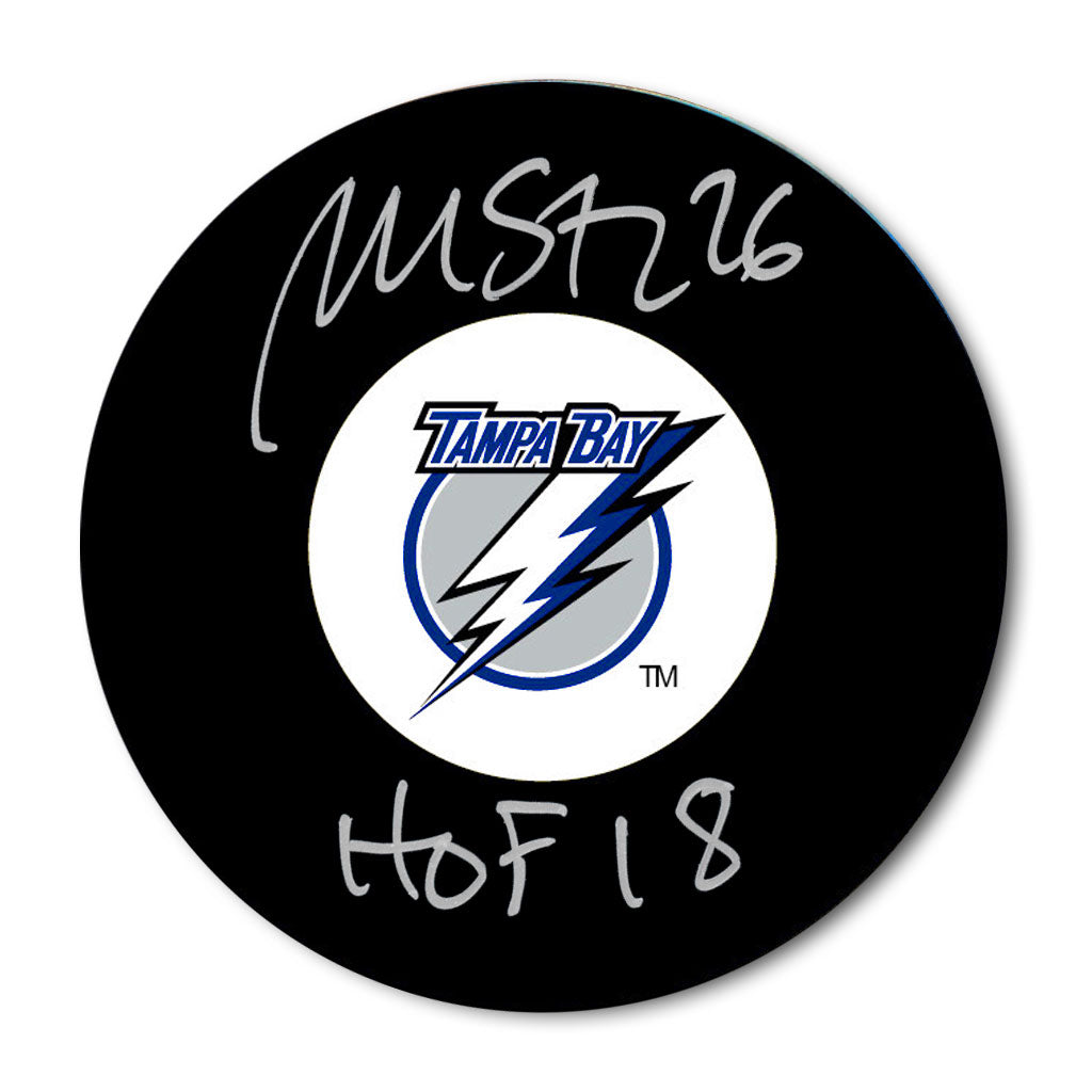 Martin St. Louis autographed Tampa Bay Lightning hockey puck with HOF 2018 inscription