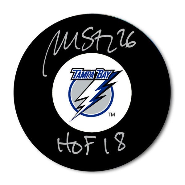 Martin St. Louis autographed Tampa Bay Lightning hockey puck with HOF 2018 inscription