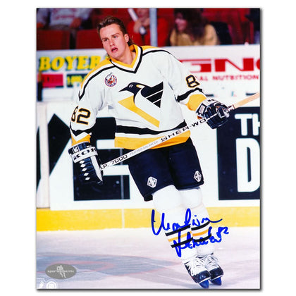 Martin Straka Pittsburgh Penguins autographed 8x10 photo print, featuring him skating in a white jersey with a bold blue signature.