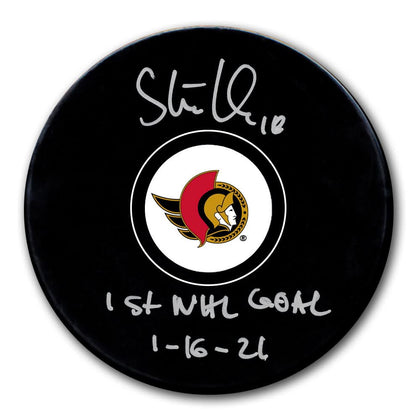 Tim Stutzle autographed Ottawa Senators hockey puck commemorating his 1st NHL goal on 1/16/21, includes COA—authentic memorabilia.