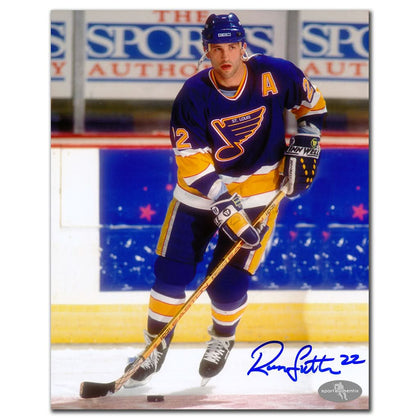 Ron Sutter St. Louis Blues Autographed 8x10 photo—signed action image of Sutter skating on ice in his blue uniform.