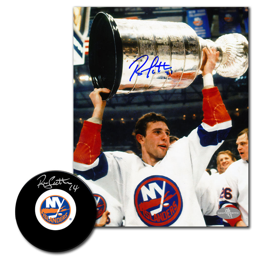 Brent Sutter autographed New York Islanders 8x10 photo and hockey puck combo with Stanley Cup celebration image