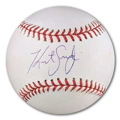 Kurt Suzuki signed official MLB baseball, featuring bold blue ink autograph on white leather with classic red stitching.