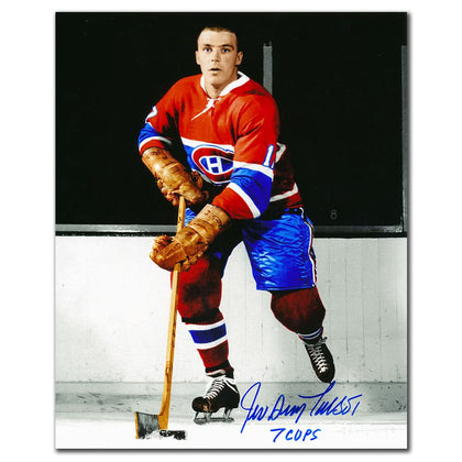 Jean Guy Talbot Montreal Canadiens inscribed and autographed 8x10 photo, featuring “7 Cups” signature; unframed memorabilia.