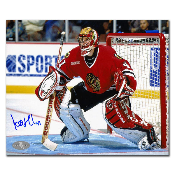 Jocelyn Thibault autographed Chicago Blackhawks 8x10 photo red jersey game action