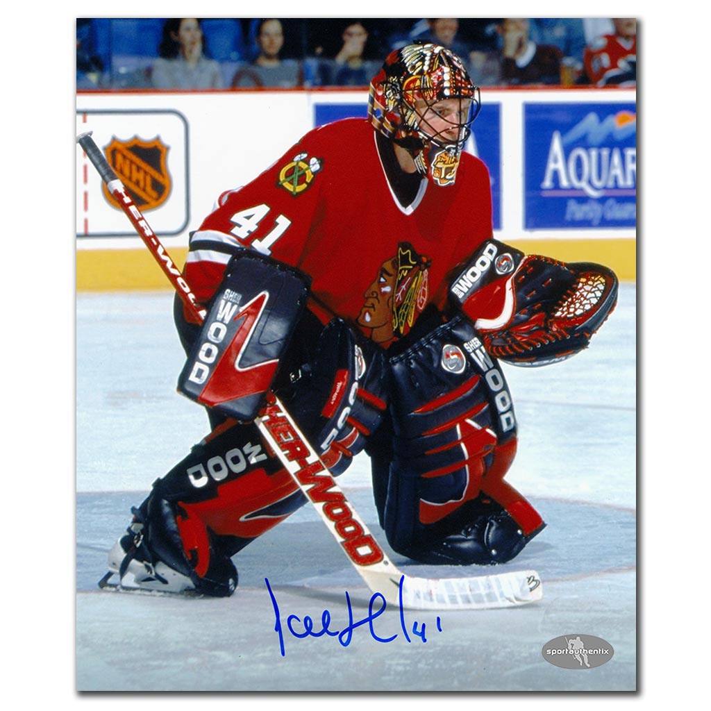 Jocelyn Thibault autographed Chicago Blackhawks 8x10 photo guarding the crease