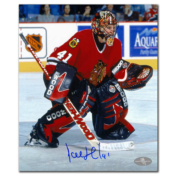 Jocelyn Thibault autographed Chicago Blackhawks 8x10 photo guarding the crease
