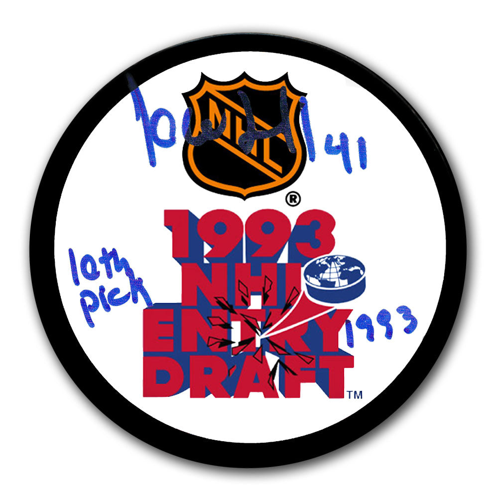 Jocelyn Thibault autographed 1993 NHL Draft hockey puck with 10th Pick inscription