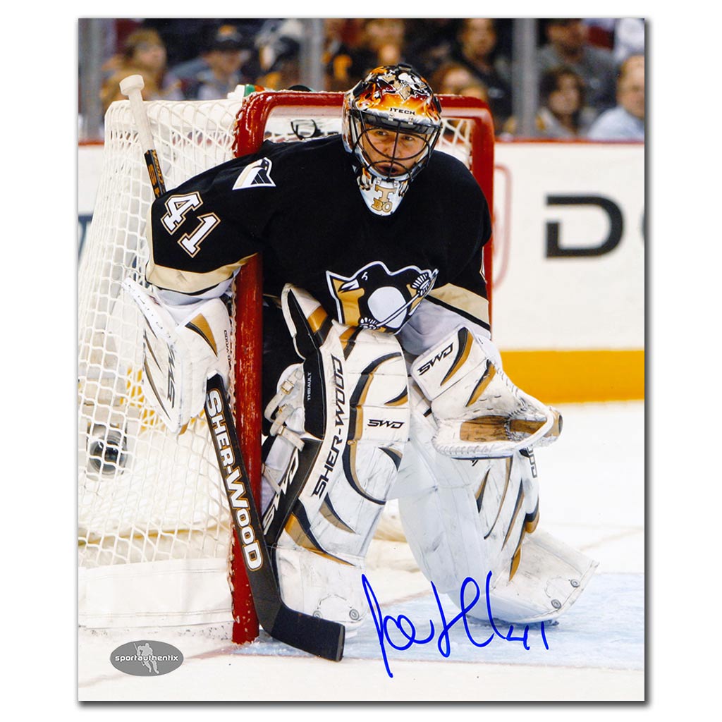Jocelyn Thibault autographed Pittsburgh Penguins 8x10 photo black jersey game action
