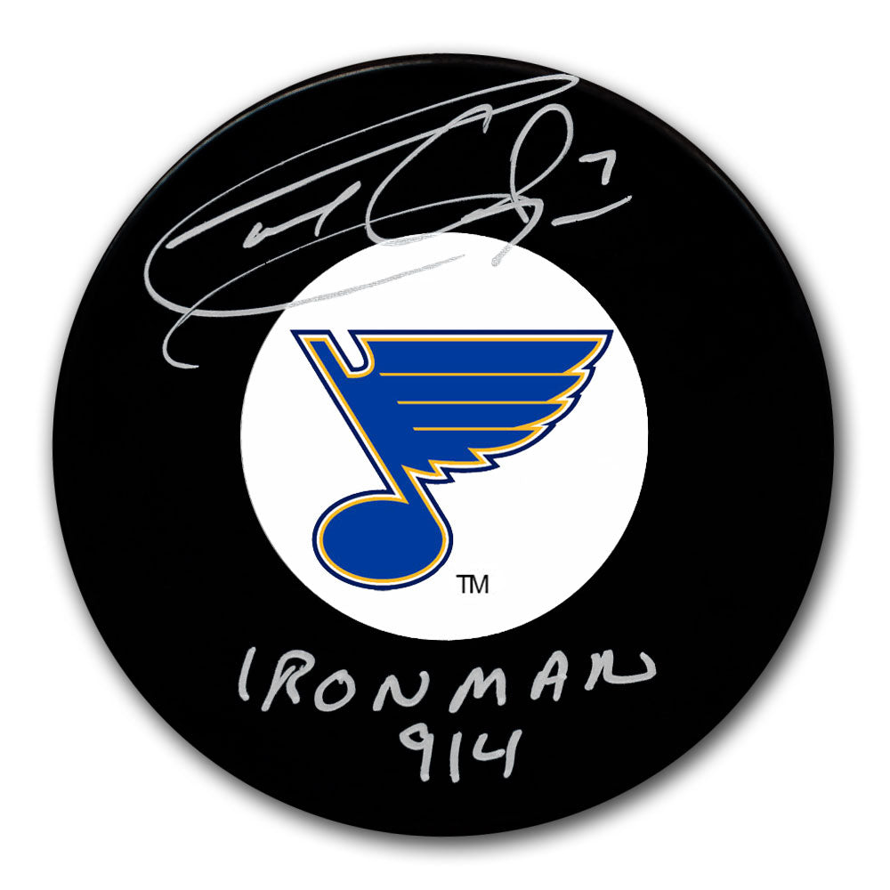 Garry Unger autographed St. Louis Blues hockey puck with Ironman 914 inscription