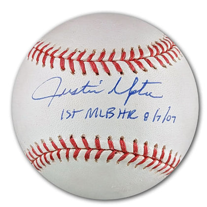 Official MLB baseball hand-signed by Justin Upton, inscribed with 1st MLB HR 8/7/07—ideal for memorabilia collectors.