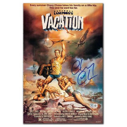 Chevy Chase VACATION signed 11x17 movie poster with bold autograph, dramatic illustrated artwork, BAS COA authenticated.