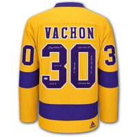 Rogie Vachon autographed Los Angeles Kings Adidas Pro jersey back with Vachon nameplate, number 30, autograph and multiple career inscriptions