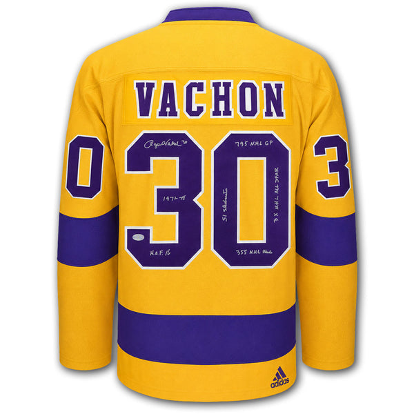 Rogie Vachon autographed Los Angeles Kings Adidas Pro jersey back with Vachon nameplate, number 30, autograph and multiple career inscriptions