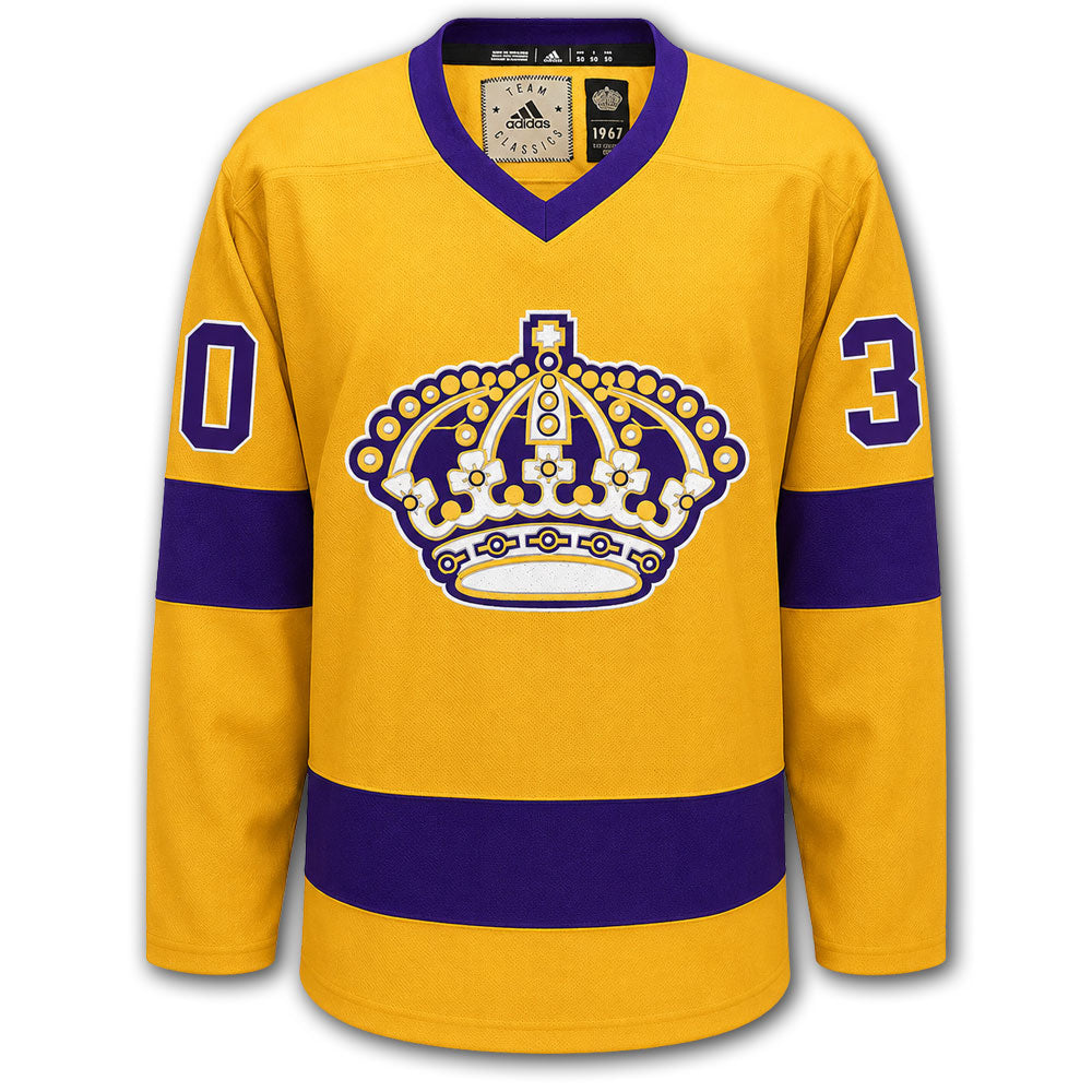 Rogie Vachon autographed Los Angeles Kings Adidas Pro jersey front in gold and purple with classic crown logo