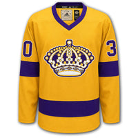 Rogie Vachon autographed Los Angeles Kings Adidas Pro jersey front in gold and purple with classic crown logo