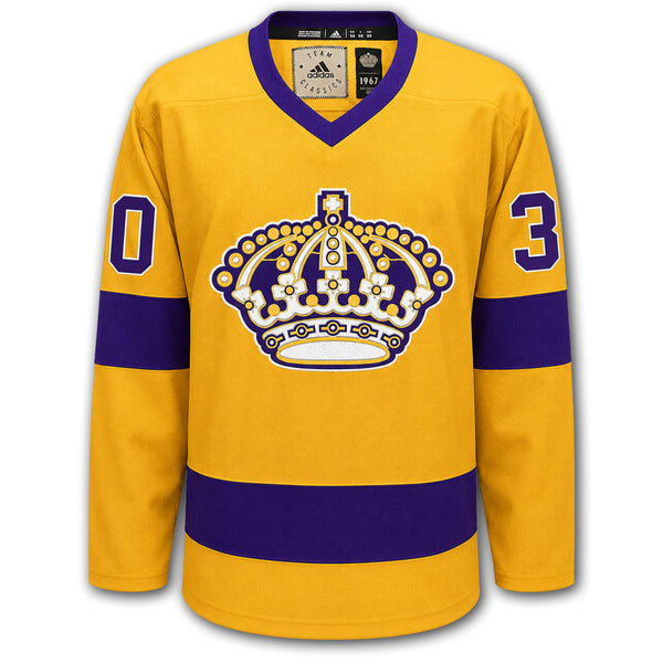 Rogie Vachon autographed Los Angeles Kings Adidas Pro jersey front in gold and purple with classic crown logo