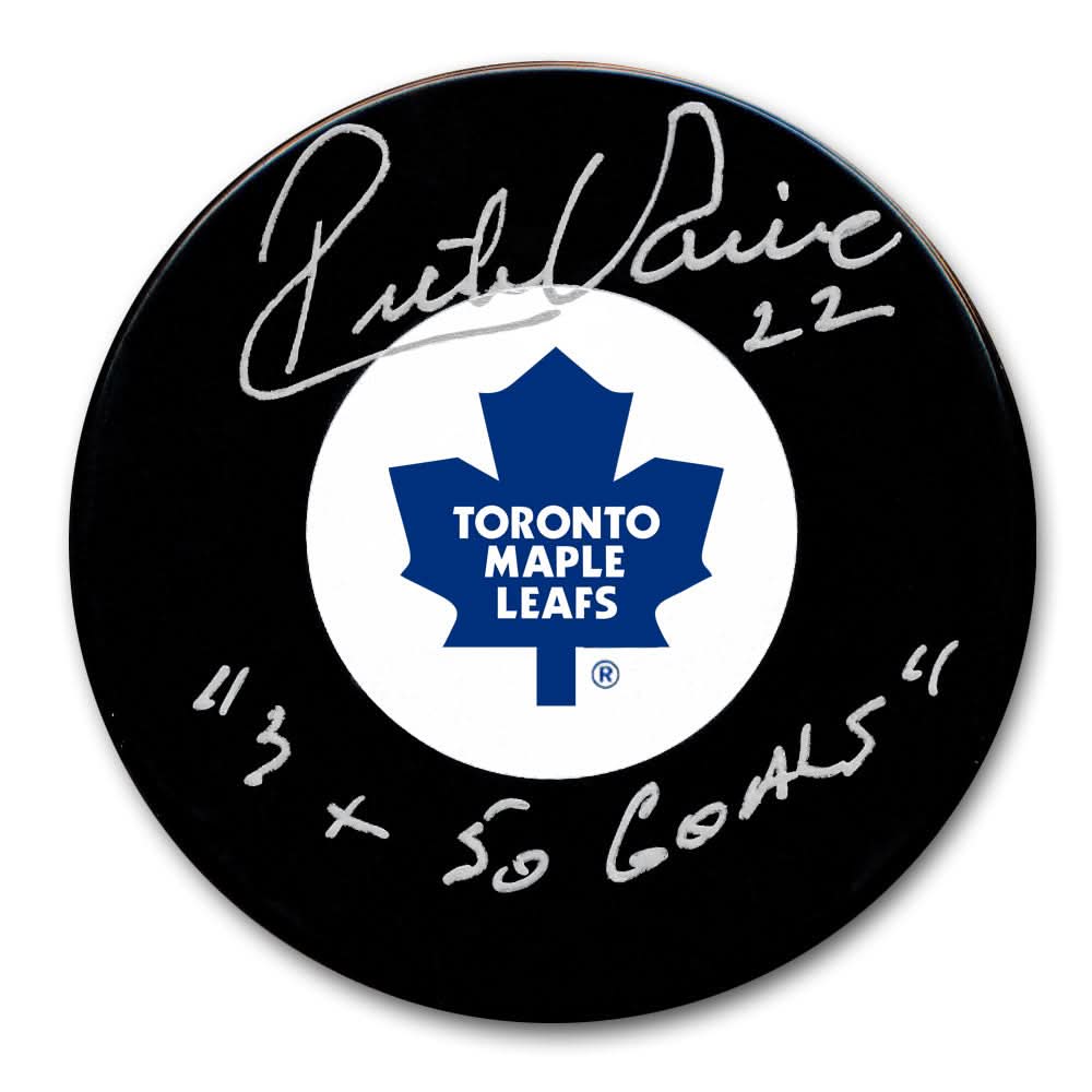 Toronto Maple Leafs puck autographed and inscribed in white marker by Rick Vaive, marked 3x 50 Goals.